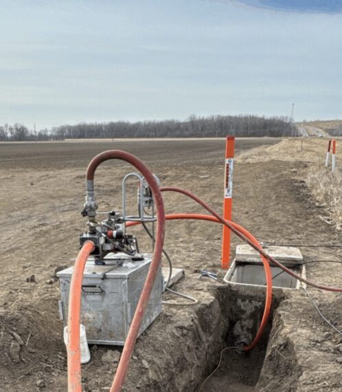 Trench with orange cables and industrial equipment in a field.
