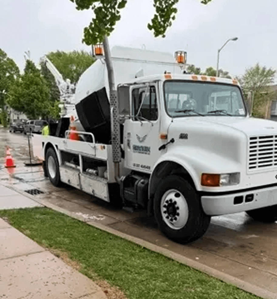 White tow truck parked on the street with equipment.